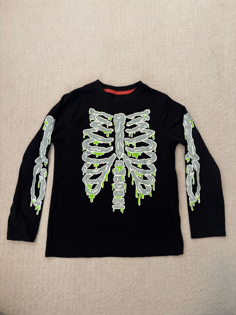 Youth Boys Black Long Sleeve Tee with Neon Green & Gray Skeleton Drip Graphic